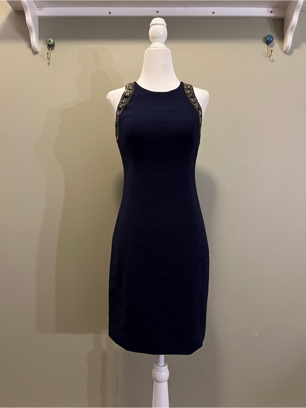 Lilly Pulitzer Navy Gold Beaded Sheath Dress Size 0 Keyhole Back